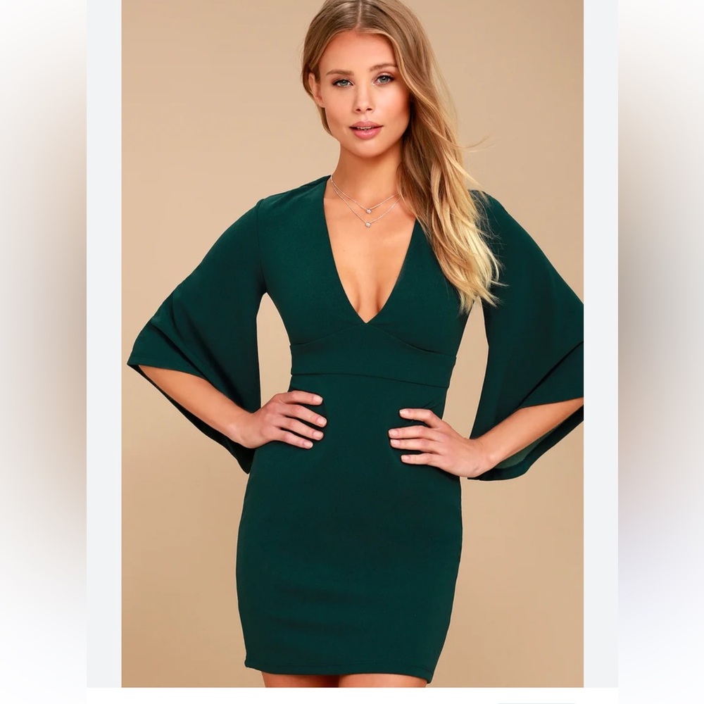 Lulu’s - Glimpse of Glamour Forest Green Bell Sleeve Bodycon Dress